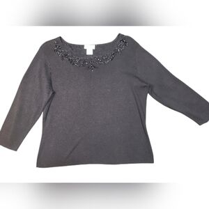 Black Long Sleeve Silk Blend Top with Beaded Detail